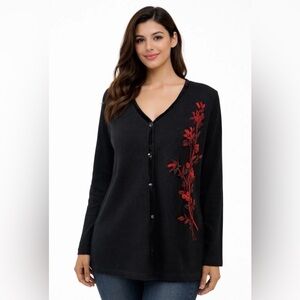 KORET Women's Cardigan Sweater Size Large Black Red Ribbon Embroidery Wool Blend